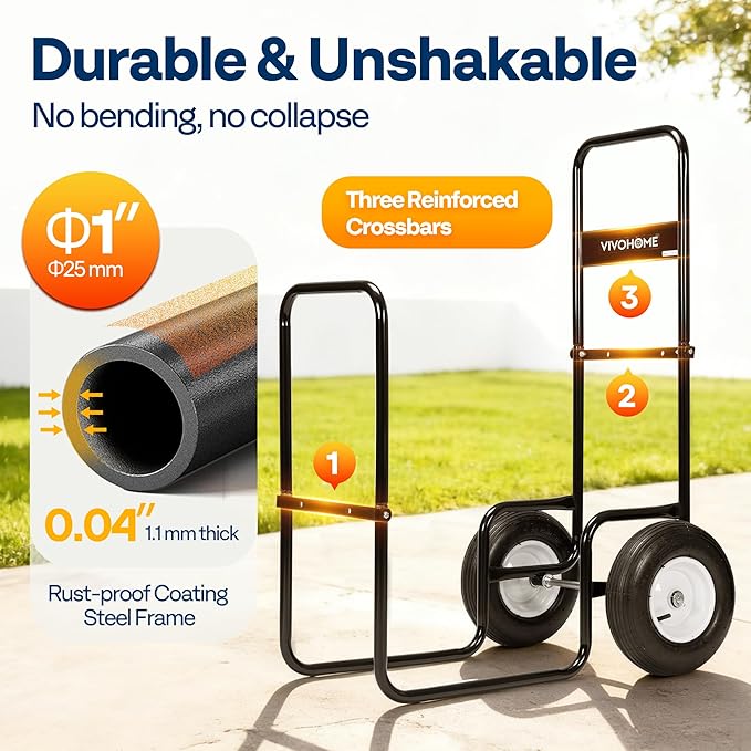 VIVOHOME Firewood Cart with Rubber Wheels and 600D Oxford Cloth, X-Large 300 LB Capacity Heavy Duty Steel Log Carrier Dolly Hauler, Wood Rack Storage Mover for Easy Transport Indoor Outdoor Use