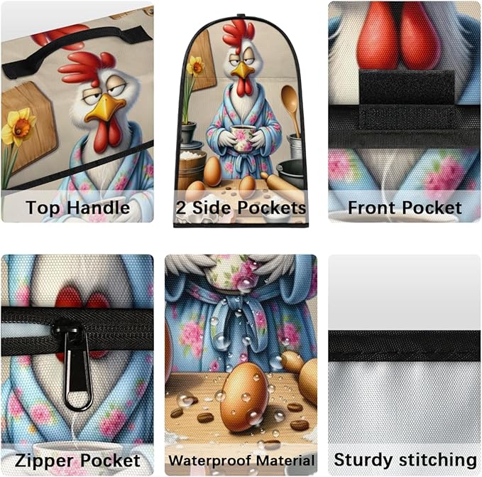 Kitchen Aid Mixer Cover Flower Rooster Funny Stand Mixer Cover Compatible with 6-8 Quarts Stand Mixers, Dust Covers with Zipper Pocket Foldable Washable Kitchen Aid Organizer Bag
