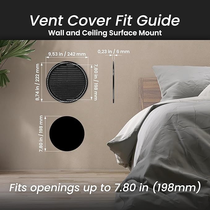 Repa Market 8 Inch (Opening) Black Round Air Vent Cover - Pack of 2 Plastic Fresh Air Intake Vent - AC Cover with Nylon Mesh Screen - Wall, Ceiling HVAC Return Air Register - Modern Soffit Vents