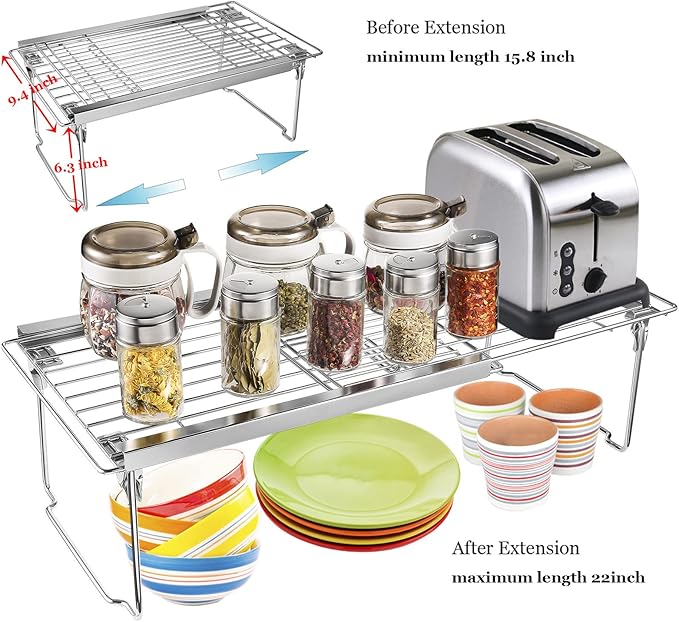 Orgneas Expandable Cabinet Shelf Organizer, Adjustable Freezer Shelf 15.8"-22" Thickened Heavy Duty Organizer and Storage Shelf for Kitchen Cabinet Pantry Refrigerator