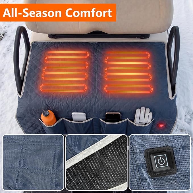 Heated Golf Cart Seat Covers, Golf Cart Heater USB, USB Interface Power Supply, Universal 2-Person Winter Seat Cover, 3-Level Heating for Yamaha EZGO Club Car, Golf Cart Seat Covers, Navy Blue