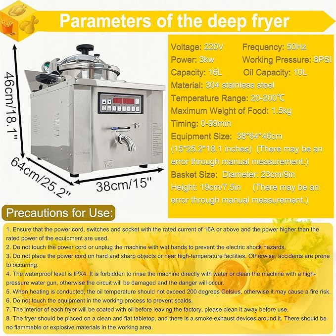 16L Commercial Pressure Fryer, 220V 3000W Electric Countertop Deep Fryer with Digital Control Panel, 304 Stainless Steel Frying Basket with Handle for Chicken Wings Chips Fishes Meatballs