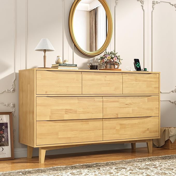 55”Solid Wood Drawers Dresser with Power Outlets, 7 Drawer Dresser for Bedroom, Mid Century Modern Vintage Large Chest of Dresser for Hallway, Entryway,Cutout Handle, Storage Essentials, Natural