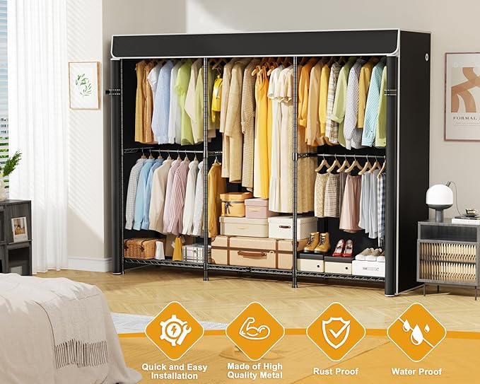 E14C Heavy Duty Closet Organizer System，Freestanding Clothing Racks for Hanging Clothes，Adjustable Garment Rack 70.1" W × 16.6" D × 76.4" H Hold 960 lbs，Black Rack with Black Dustproof Cover