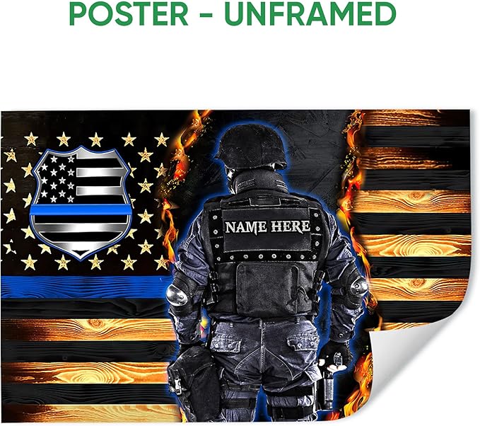 Personalized Police Poster & Framed Canvas, Proud Thin Blue Line Flag Patriotic Home Office Decor, Custom Name Bedroom Living Room Aesthetic Wall Art Gift For Policeman, Law Enforcement