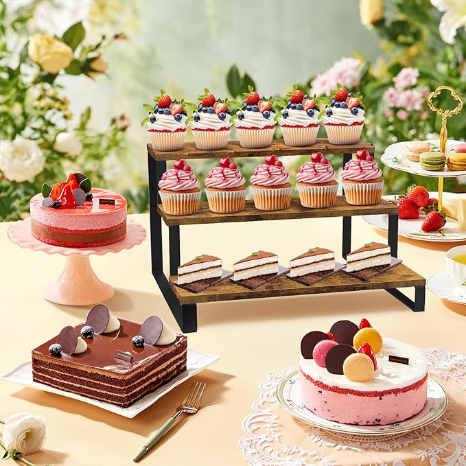 ELITEROO Wooden Display Riser Stand, 3 Tier Display Risers, Tiered Cabinet Organizer, Widened Display Rack Shelf Kitchen Counter Shelf for Makeup Perfume Figure Dolls Collection Condiment Candles