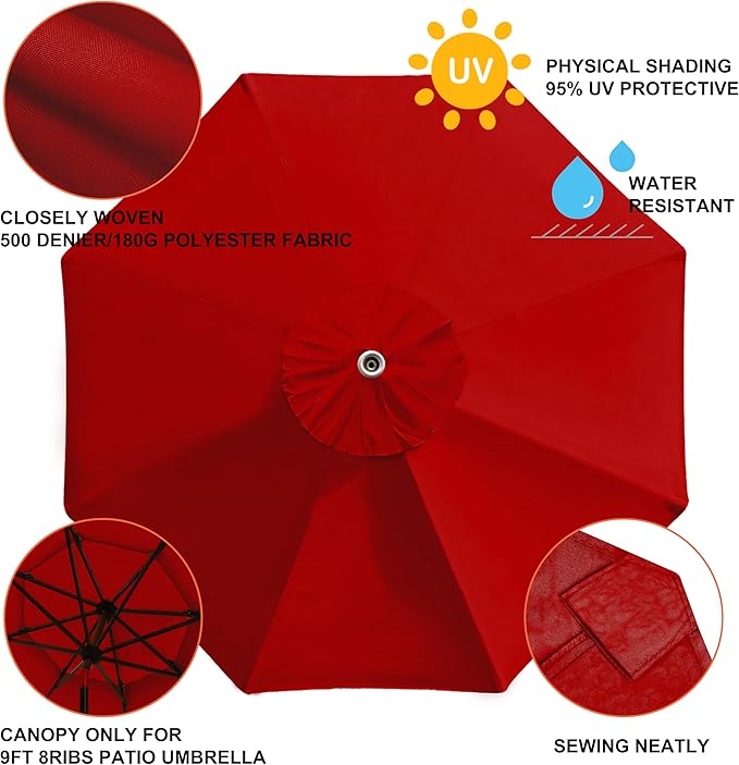 EliteShade USA 9FT Patio Umbrella Replacement Covers 8 Ribs Market Umbrella Canopy Cover (CANOPY ONLY) (Red)