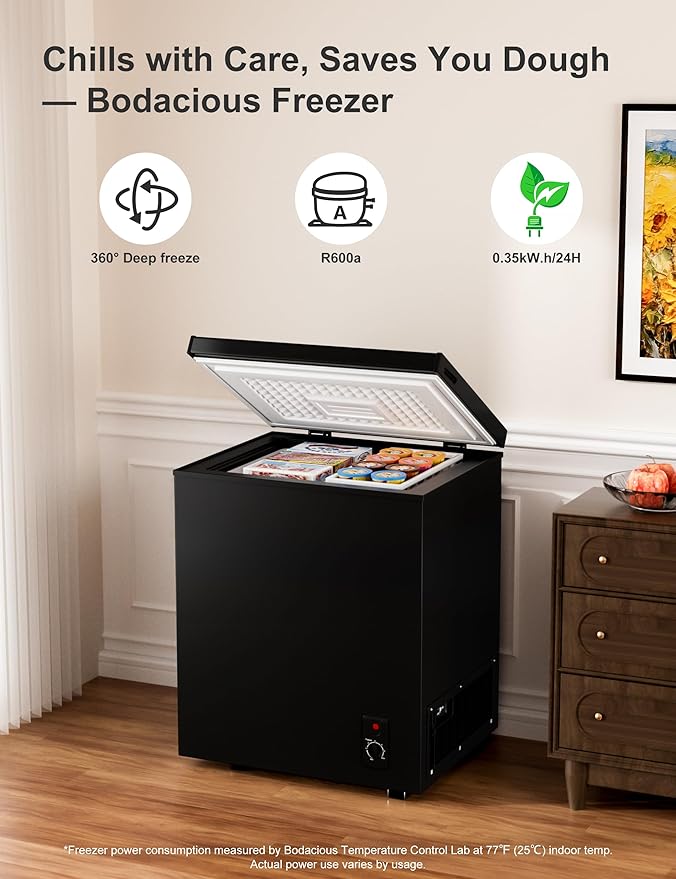 2.5 Cu.Ft Chest Freezer with Removable Basket, Small Deep Freezer, 6 Temp, Energy Efficient (0.35kWh/24H), <40dB Quiet, Manual Defrost, Space Saving Design for Dorm, Office, Apartment, Bar, Black