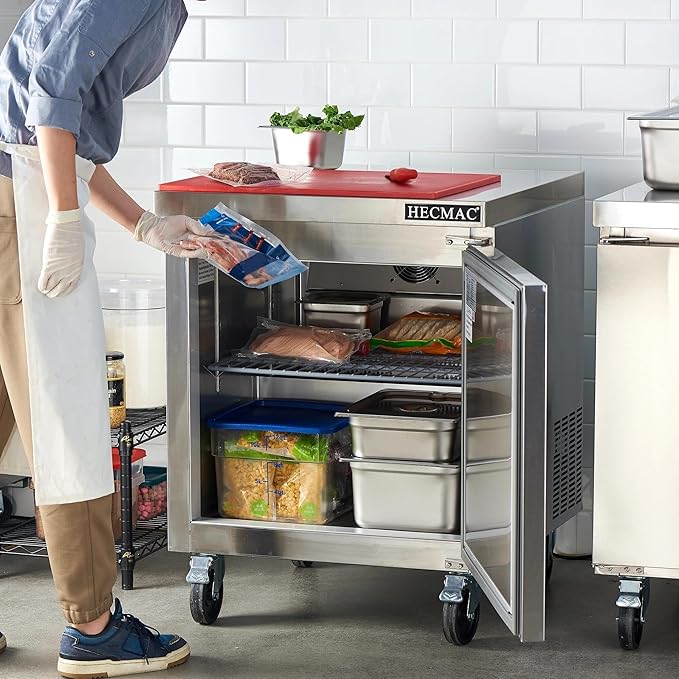 HECMAC 27" Commercial Freezer, 7.2 Cu.ft Worktop Undercounter Fridge with Single Solid Door, -8~0℉, 18-8 Stainless Steel Interior, ETL&NSF/ANSI 7 for Restaurant, Bar, Shop, Kitchen Use