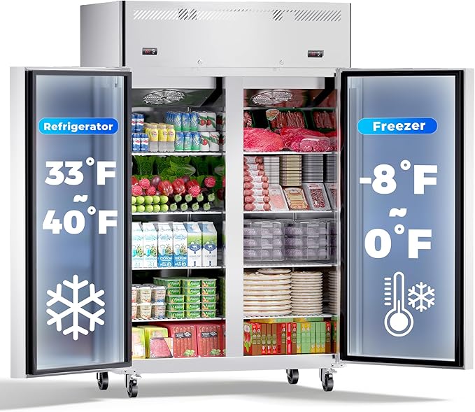 Commercial Refrigerator and Freezer Combo, 48" W 2 Door Dual Temperature Zones Freezers, 39 Cu.ft Commercial Refrigerators with 8 Adjustable Shelves for Restaurant Shop Bar