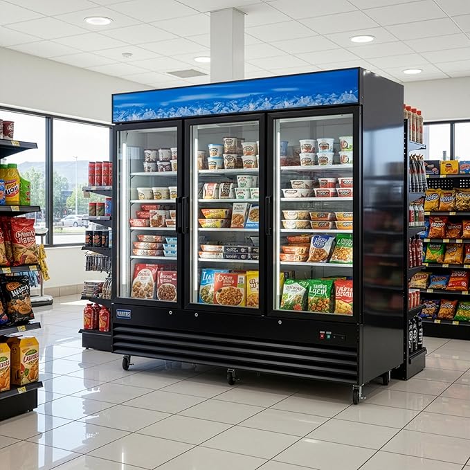 Kratos Commercial Three Door Merchandising Freezer, Large Glass Door Black Mobile Display Freezer for Markets and C Stores, 78" Wide, LED Lighting, 115V (67K-211)
