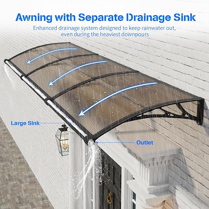 Awning for Door Entrance with Drainage Sink,32x48 Inch Awnings for Doors,Window Canopy Exterior with Plastic Steel Bracket,Polycarbonate Cover,UV,Rain,Snow Protection for House,Porch,Patio,Deck