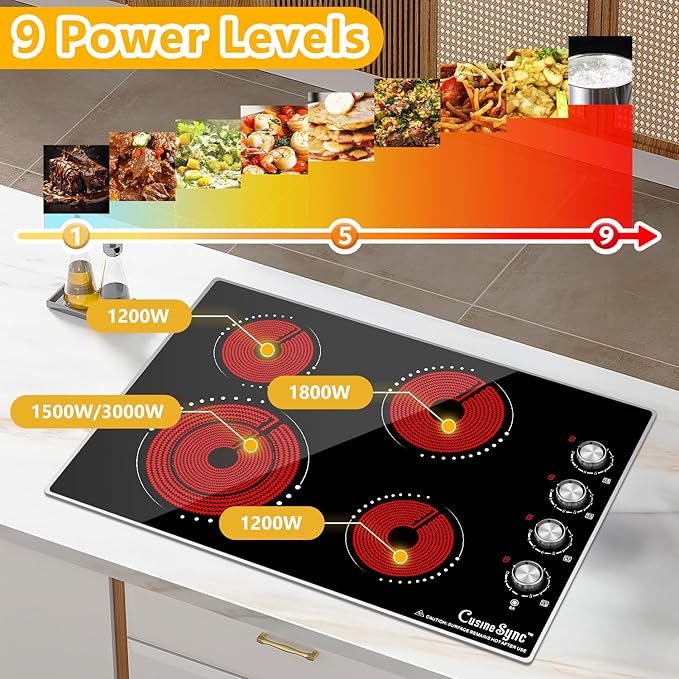 30 Inch Electric Cooktop, 4 Burner Electric Stove Top with 9 Power Levels, Knob Control, Auto shutdown and Residual Heat Warning, 7200W, 220-240V for Hard Wire