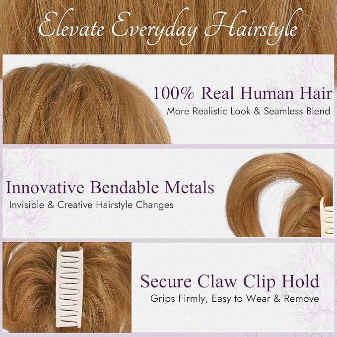 BARSDAR Claw Clip Short Human Hair Ponytail Extension with Bendable Metals - DIY 8 Inch Real Human Hair Auburn Brown Messy Bun Hairpieces for Women - Thick Natural Short Ponytail Daily Wear