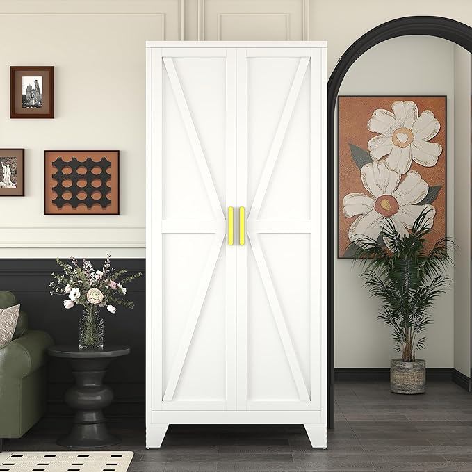 71" Tall Pantry Cabinet, White Metal Pantry Storage Cabinet, Kitchen Pantry Storage Cabinets with 2 Door and 4 Adjustable Shelves (White, 71" Modern)