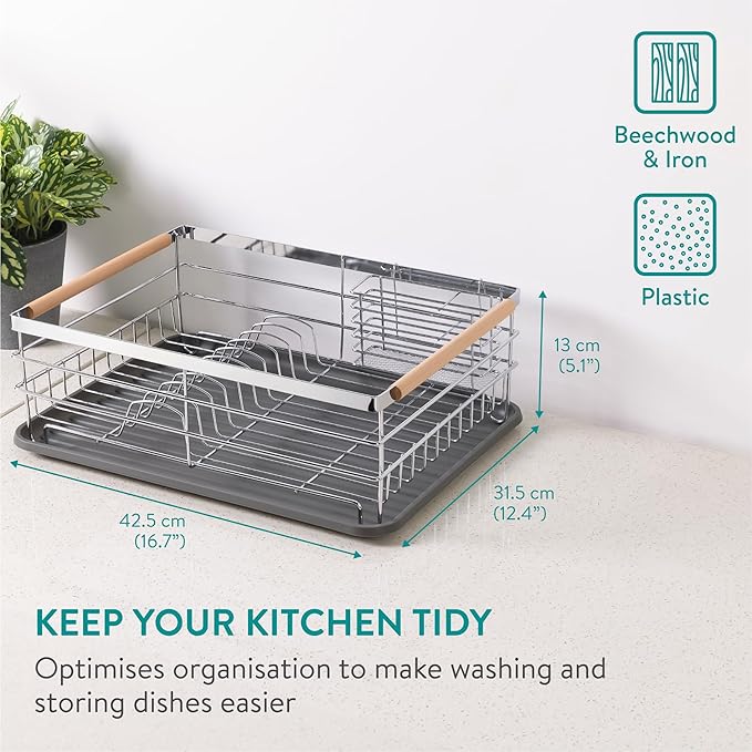 Navaris Dish Rack - Compact Drying Kitchen Board with Drip Tray & Cutlery Holder - Easy to Assemble and Clean Dishes - Sink Drainer Rack - Silver with Wooden Handles