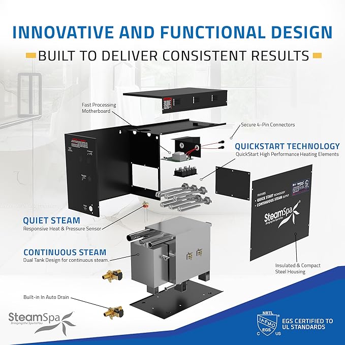 SteamSpa Steam System 9kW Steam Shower Generator with Bluetooth Wifi, Quickstart Continous Steam, Advanced Touch Pad Screen, Chroma Lights, Drain Pan and Auto Drain Gold RVBS900GD-A