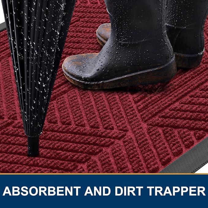 Smiry Front Door Mat Outside Entrance, Heavy Duty Sturdy Natural Rubber Doormat, Trap Dirt and Moisture, Easy Clean Low Profile Mats for Indoor Outdoor Entry, Irregular Triangle (29.5x17, Wine Red)