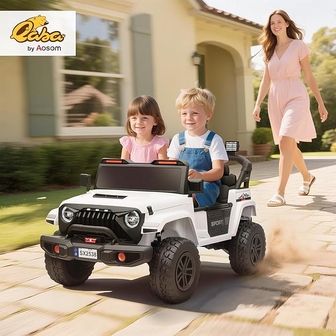 Qaba 24V 2-Seater Kids Ride on Truck Car, 44-50" L Adjustable 4WD Electric Car, 5 MPH Max Speed, Remote Control, Spring Suspension, Storage and LED Lights for Kids Ages 37-95 Months, White