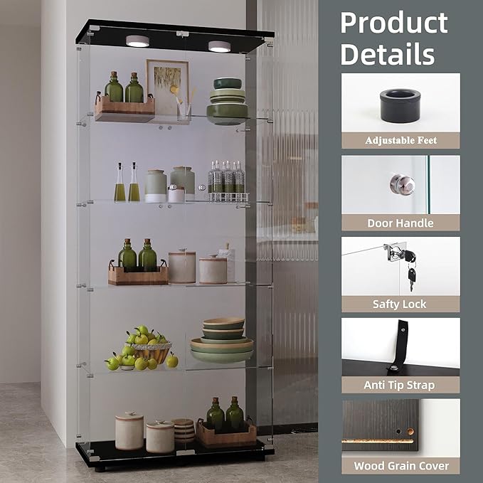 Glass Display Cabinet with LED, 5 Shelves with 2 Doors, Curio Storage Cabinets with Lock for Living Room, Office, Floor Standing Glass Bookshelf, Quick Installation - Black