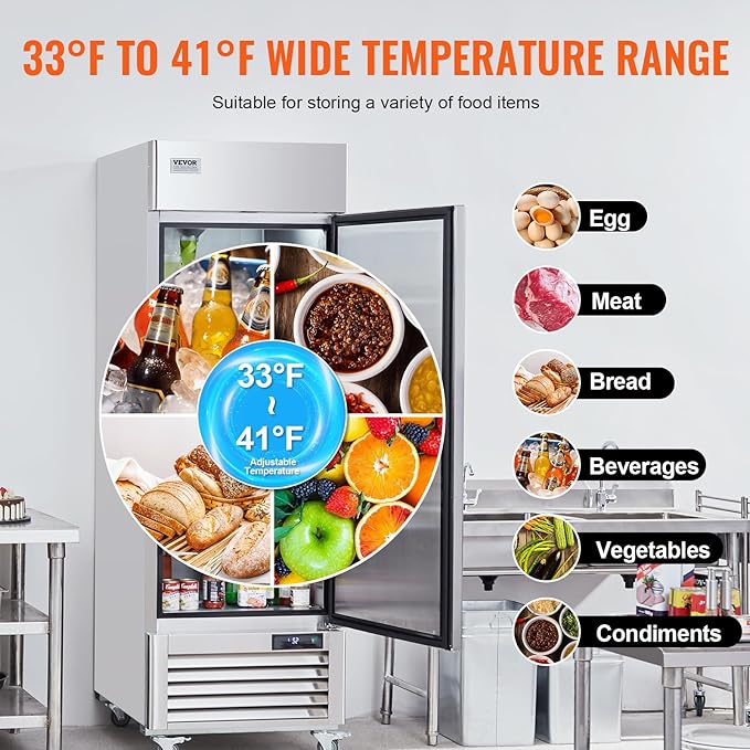 VEVOR Commercial Refrigerator 19.32 Cu.ft, Reach In 27" W Upright Refrigerator Single Door, Auto-Defrost Stainless Steel Reach-in Refrigerator & 4 Shelves, 33 to 41℉ Temp Control, LED Light, 4 Wheel
