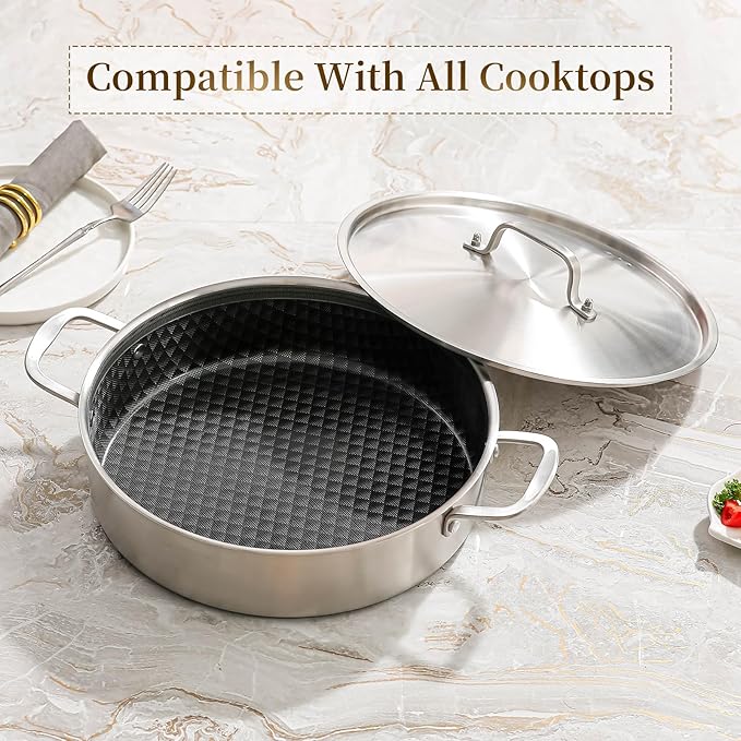 DELARLO 7Quart Tri-Ply Stainless Steel Non Stick Braiser Pan with Lid,Deep Frying Pan,Large Induction Skillet,Jumbo Cooker,Heavy Duty and Oven Safe.Large Saute Pan,Dishwasher and Oven Safe to 550℉