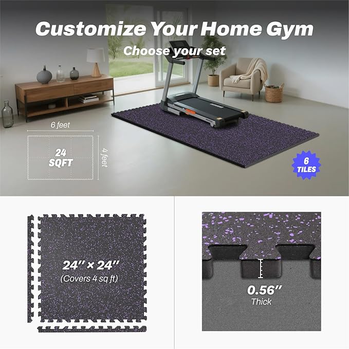 AIRHOP 0.56in Thick 24 Sq Ft Exercise Equipment Mats, 6 Tiles Upgraded Rubber Top with High Density EVA Foam, Large Interlocking Puzzle Gym Flooring for Home Gym, Heavy Weight Workout, 24 x 24in