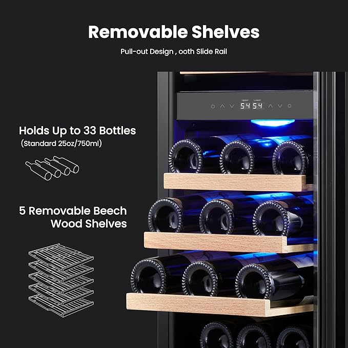 Yeego Wine Fridge Cooler - 15 Inch Dual Zone Wine Fridge Hold 28 Bottles, 40-65°F Wine Refrigerator Glass Door, Built in Fridge, Freestanding Adjustable Shelves Fridge for Beer Soda Drink Home Bar