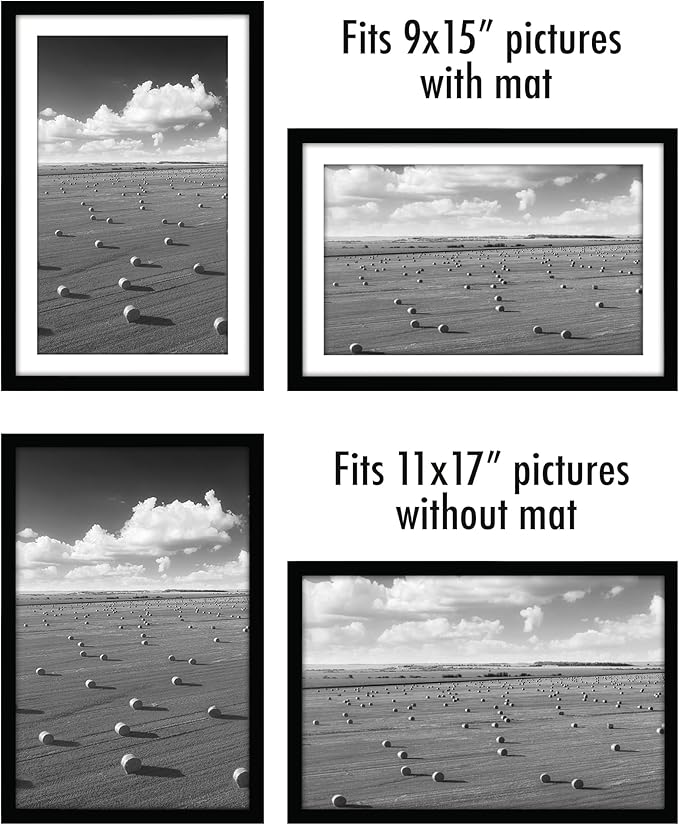 Americanflat 11x17 Picture Frame with Polished Plexiglass - Set of 5 - Use as 9x15 Frame with Mat or Display 11x17 Photo Without Mat - Galleria Collection - Picture Frames for Wall Display - Black