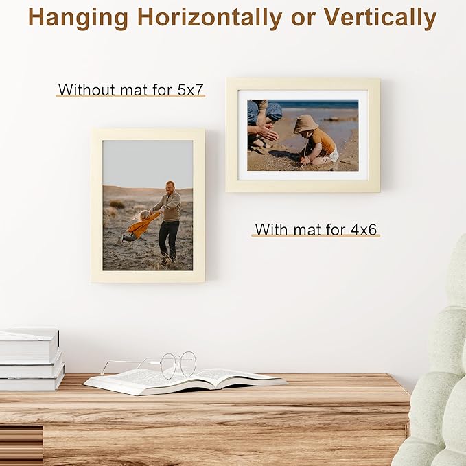 Vittanly 5x7 Picture Frame, Solid Wood Frame with Plexiglass, Includes 4x6 Mat, Wall Hanging or Tabletop for Home Decor, White, 1 Pack