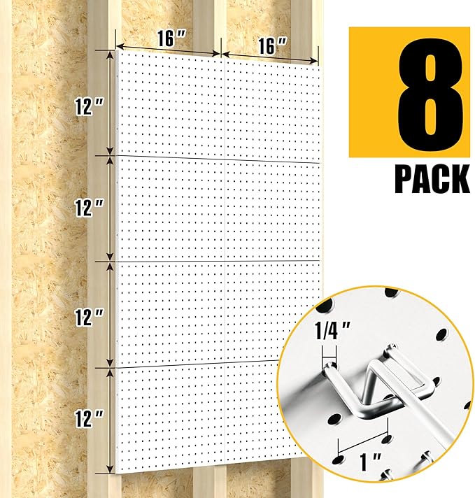 Peg Board, 8 Pack Metal Pegboard Panels with 50 Hooks, White Pegboards Wall Organizer, Peg Board for Walls Home, Garage Tool Storage, Office Organization, Craft Room,Christmas Gifts
