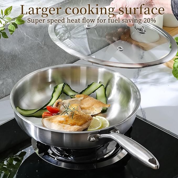 DELARLO 2-Piece Stainless Steel Pan 12-inch & 14-Inch, Frying Pan with Lid, Heavy Duty, Compatible with Induction, Electric up to 650℉, Fast & Even Heating, Durable, Dishwasher, Oven Safe Skillet