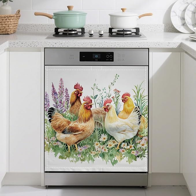 Magnetic Dishwasher Cover,Chicken Rooster Grass Reusable Dishwasher Magnetic Cover Decorative Door Covers Panel for Home Kitcen 23" x 26"