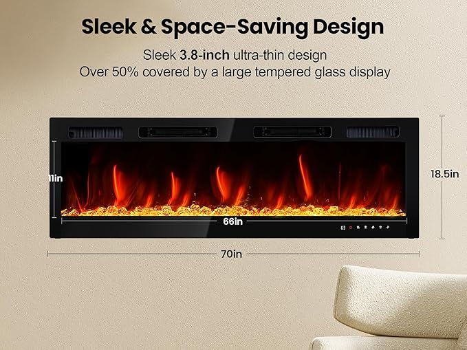 70" Electric Fireplace Realsmart Wall Mounted and Recessed 1500W Fireplaces Heaters with Remote Control Slim Black Wall Fireplace Adjustable 12 Flame Colors&5 Brightness Cool Touch Screen Timer