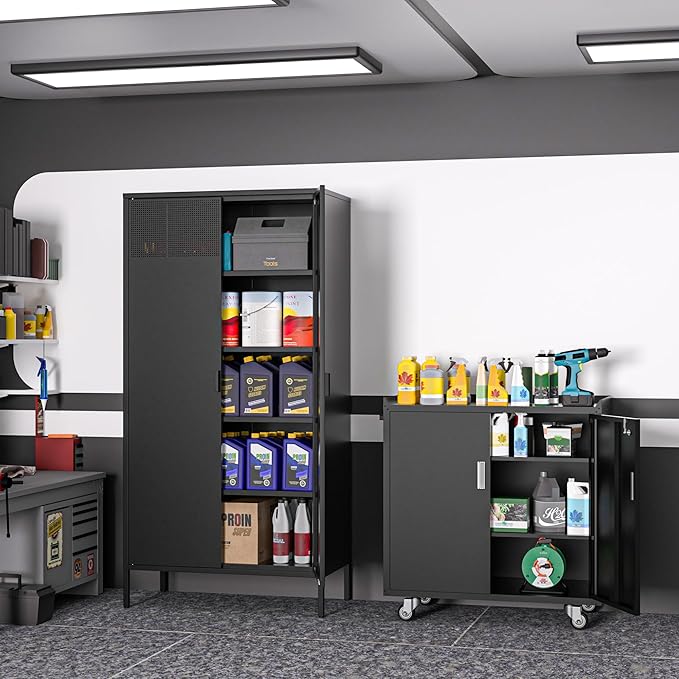 Black Garage Cabinet with Wheels,Metal Storage Cabinet,Lockable Storage Cabinet with Doors and Adjustable Shelves,Tool Chest,Rolling Metal Tool Cabinets for Garage,Warehouse,Basement
