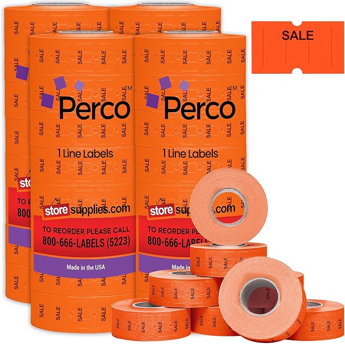 Perco 1 Line Fluorescent Red Sale Labels - 32 Rolls, 4 Sleeves, 32,000 Blank Price and Date Gun Labels for Perco Lite, X, Plus and Pro 1 Line Price and Date Guns - Made in USA