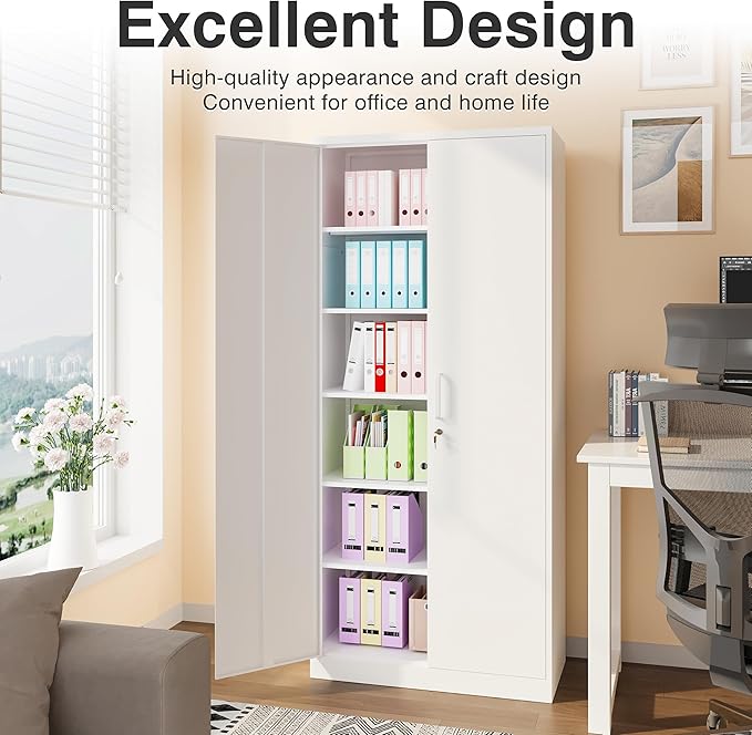 SISESOL Metal Storage Storage Cabinet with 5 Adjustable Shelves,White Metal Cabinet with Locking Doors,Steel Pantry Cabinet with Lock,71" Lockable Storage Cabinet for Home,Office,Garage,Kitchen,Shop