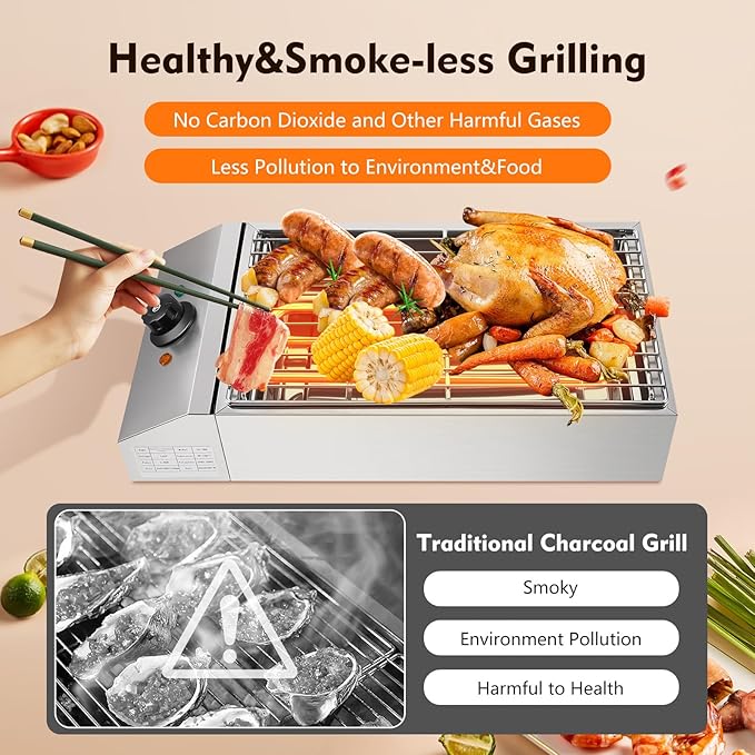 1800W 110V Countertop Electric BBQ Grill, Commercial and Home Use Stainless Steel Barbecue Griddle Adjustable Temperature 122-302℉, Portable Barbecue for Processing Pancakes, Crispy Bacon