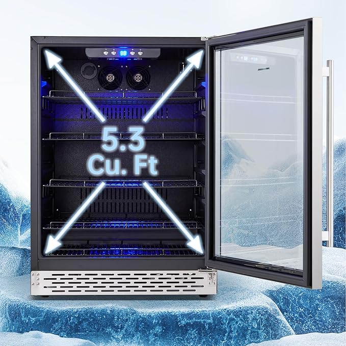 Phiestina Beverage Refrigerator 175 Cans Under Counter Beer Cooler 24 inch Quiet Built-in or Freestanding Beverage Fridge Glass Door Auto Defrost 5 Removable Shelves for Home Bar Office