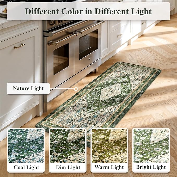 Collive Boho Kitchen Mats for Floor, Cushioned Anti Fatigue Kitchen Rug Set of 2, Non-Skid Waterproof Sink Rugs Comfort Standing Mat for Laundry, Office, Desk, Green