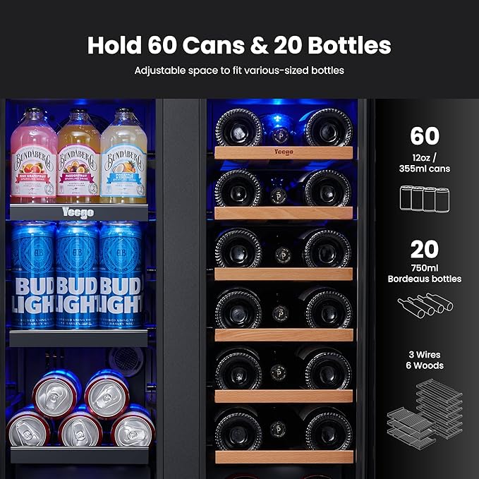 Yeego 24 Inch Wine and Beverage Refrigerator - 60 Cans & 20 Bottles Wine Fridge with Glass Door, 36-72°F Built-In or Freestanding Dual Zone Wine Cooler for Kitchen Bar Office Beer Soda Drink