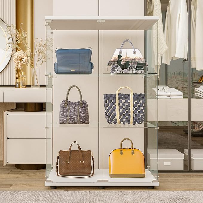 Yoluckea 3 Shelves Glass Display Cabinet with 2 Doors,Floor Standing Clear Glass Curio Cabinet Collection Display Case for Living Room Bedroom 49.49” x 31.77”x 14.37 ”(White)