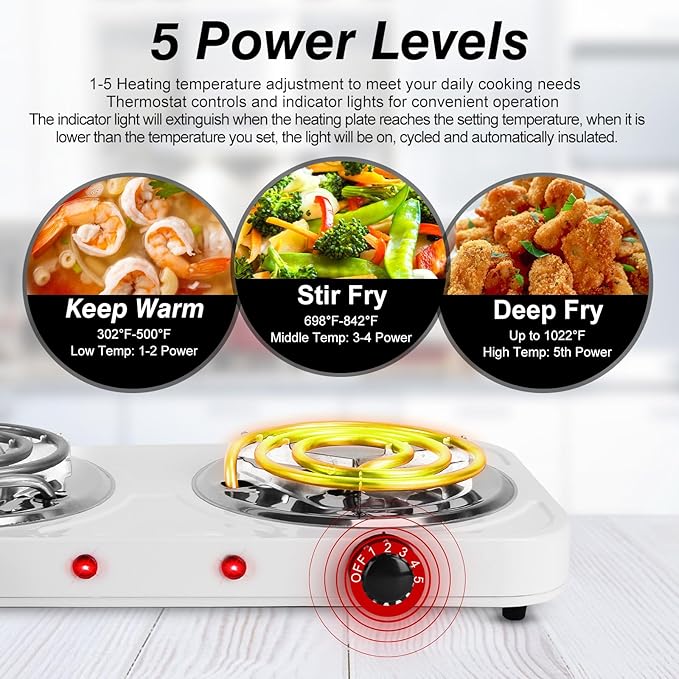 2000W Double Burner Electric, Portable Hot Plate for Cooking, Cooking Stove with 5 Temperature Adjustments, Countertop Burner Cooktop for Kitchen, Dorm (2Burner_White, 18x10x3")
