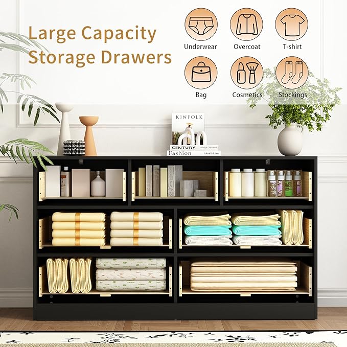 7 Drawers Dresser for Bedroom,55" Wide Fluted Dresser with Deep Drawers, Modern Chest of Drawers, Wood TV Stand Storage Organizer for Closet, Living Room, Hallway, Black