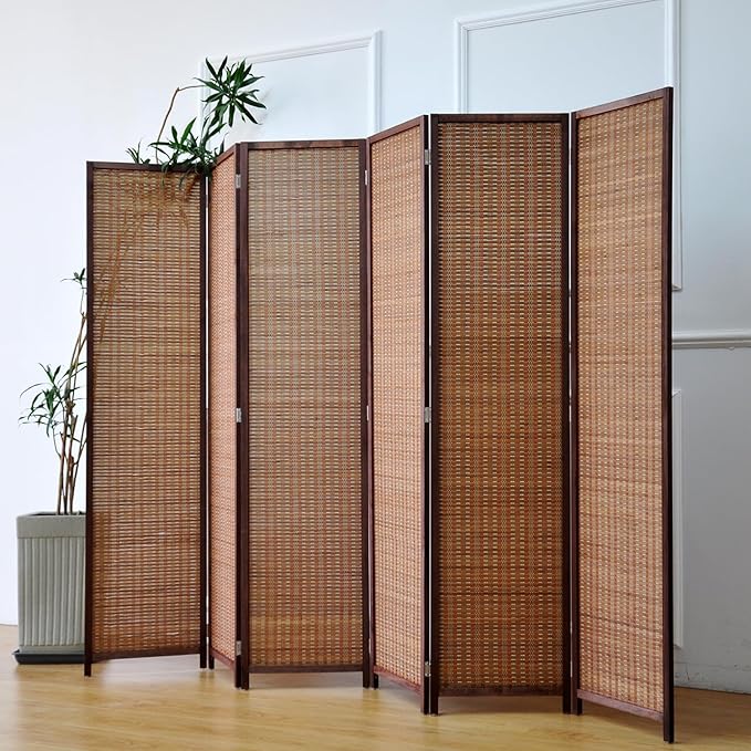 6 Panel Bamboo Room Divider and Folding Panel Screen,Bamboo Panel Divider for Room Separation,Brown,67" H x 92.1" W