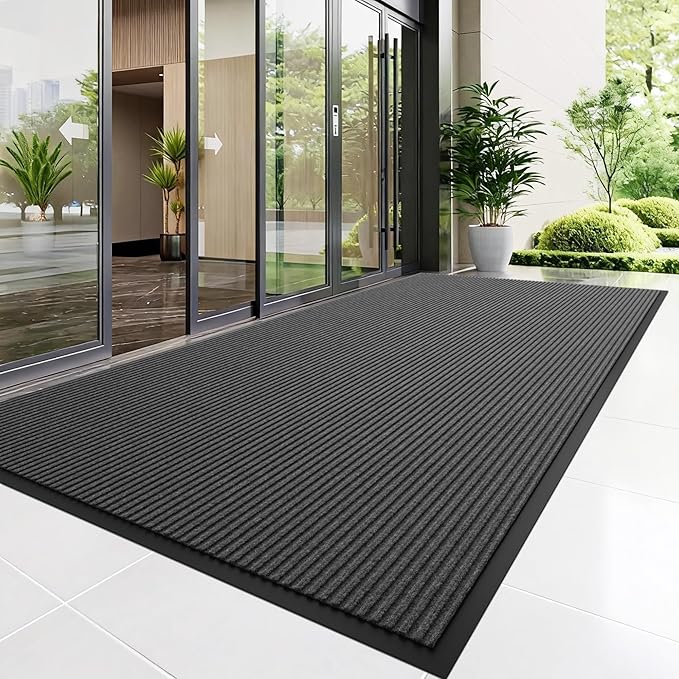 Front Door Mat, 2' x 6' Heavy Duty Indoor Outdoor Welcome Mat for Entryway, Commercial Entrance, Low Profile, Non-Slip, Durable Rubber Backing for Patio, Home