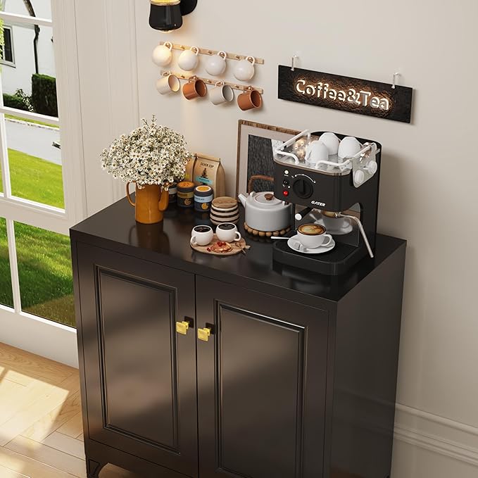 Metal Coffee Bar Cabinet,Kitchen Storage Cabinet,Black Buffet Cabinet with Storage and Adjustable Shelf,Sideboard Buffet Cabinets for Dining Room