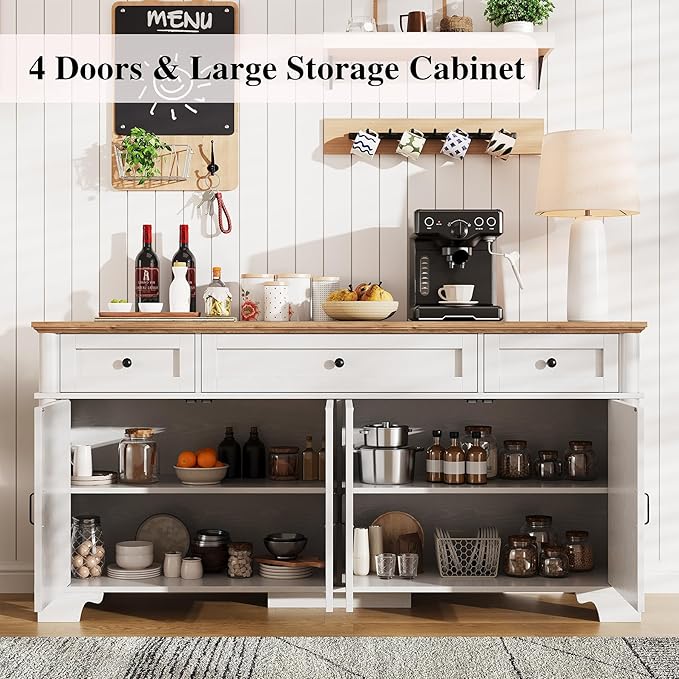 65 Inch Farmhouse Buffet Cabinet with Storage, White Sideboard Buffet Cabinet with Adjustable Shelves & 3 Drawers, Buffet Table Coffee Bar Wine Bar Storage for Kitchen & Living Room
