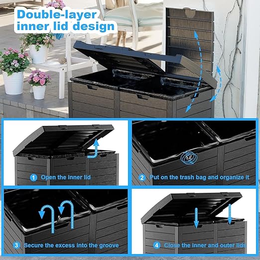 Outdoor Trash Can with Lid, Outdoor Trash Bin & Pull-Out Liquid Drawer, Dual Lid Closure Design, Waterproof Resin Garbage Can Container for Patio, Backyard, Deck (Black, 76 Gallon)