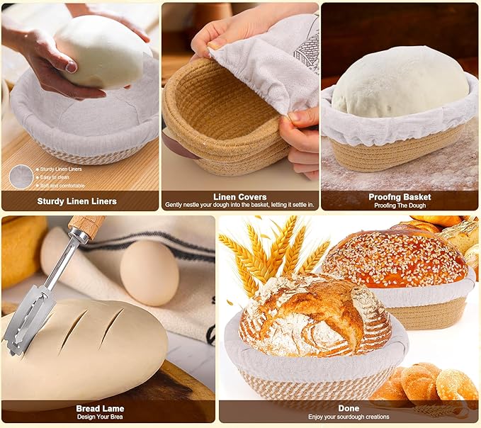Sourdough Bread Baking Supplies, Complete Sourdough Starter Kit, 9" Round & 10" Oval Bread Proofing Basket with Sour dough Starter Jar, Bread Making Tools Gifts for Bakers Women Wife Mom